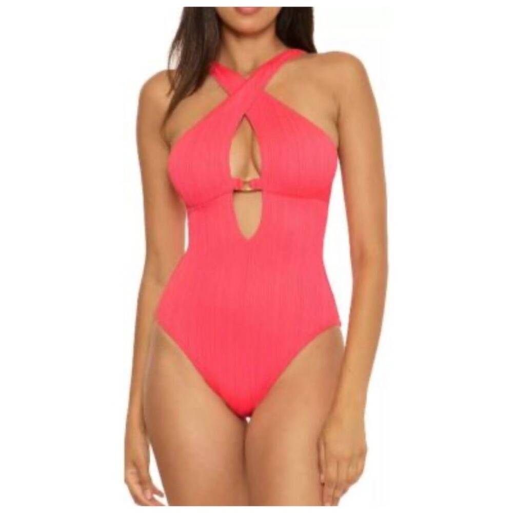 Becca by Rebecca Virtue Women's Moon Ridge Rib High Neck One Piece S New